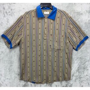 Harrods‎ Men's Silk Knit 1/4 Button Shirt Sz M Brown Logos AOP Short Sleeve